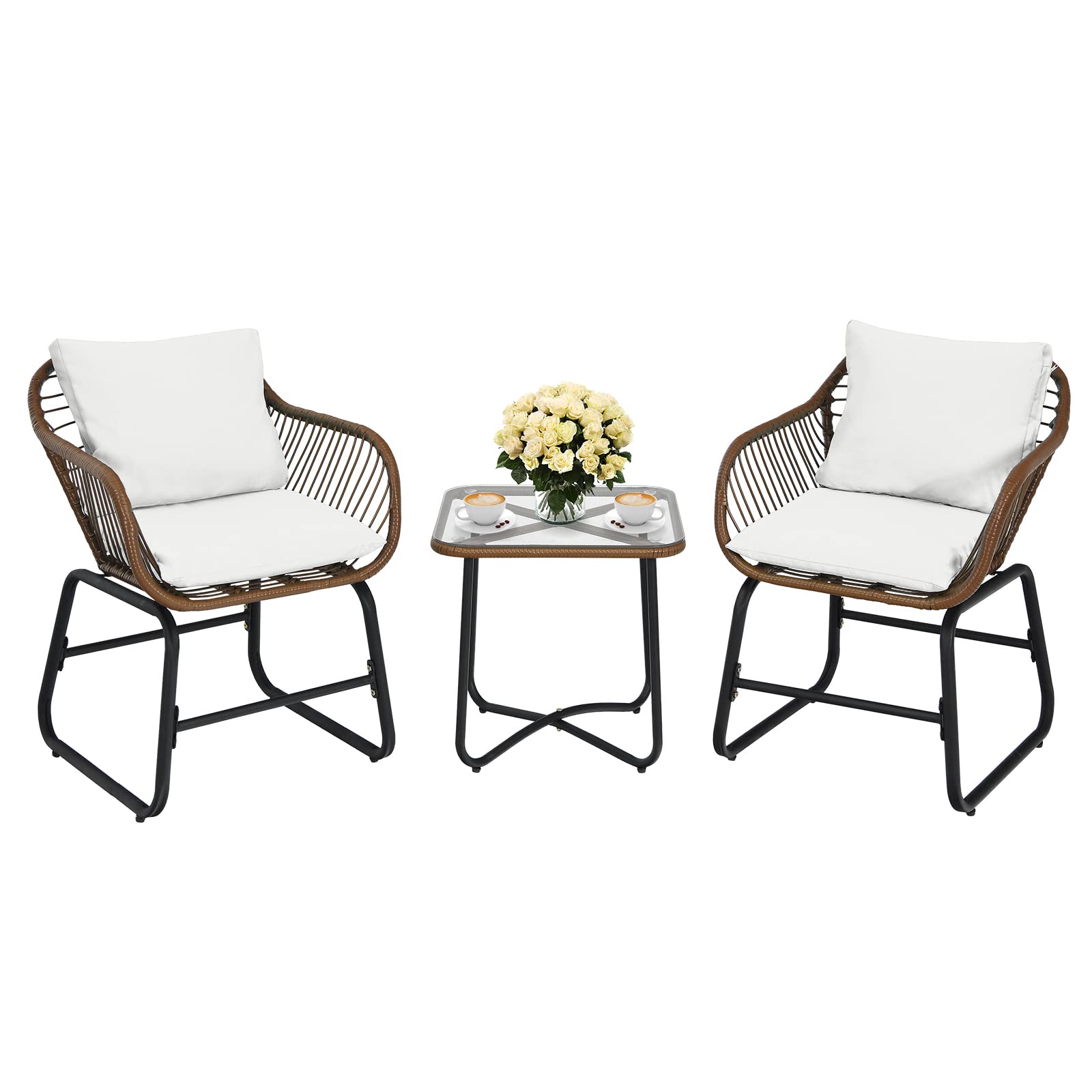 Tangkula 3 Pieces Patio Bistro Set with Comfortable Cushions & Adjustable Foot Pads